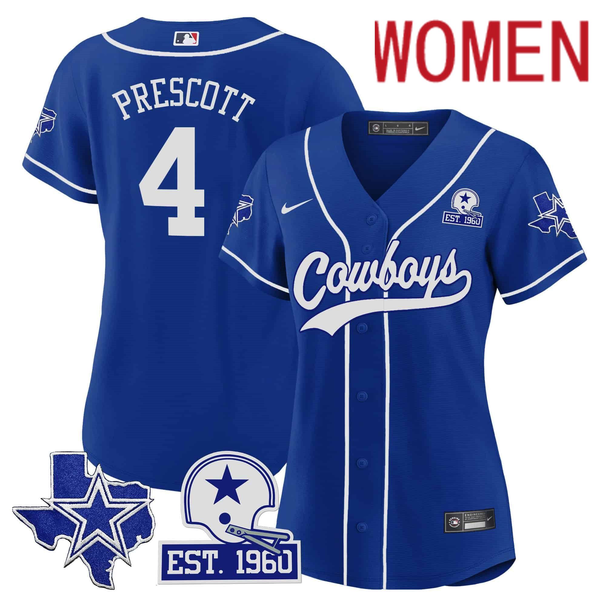 Women Dallas Cowboys #4 Prescott Blue 2024 Nike Patch Baseball NFL Jersey->women nfl jersey->Women Jersey